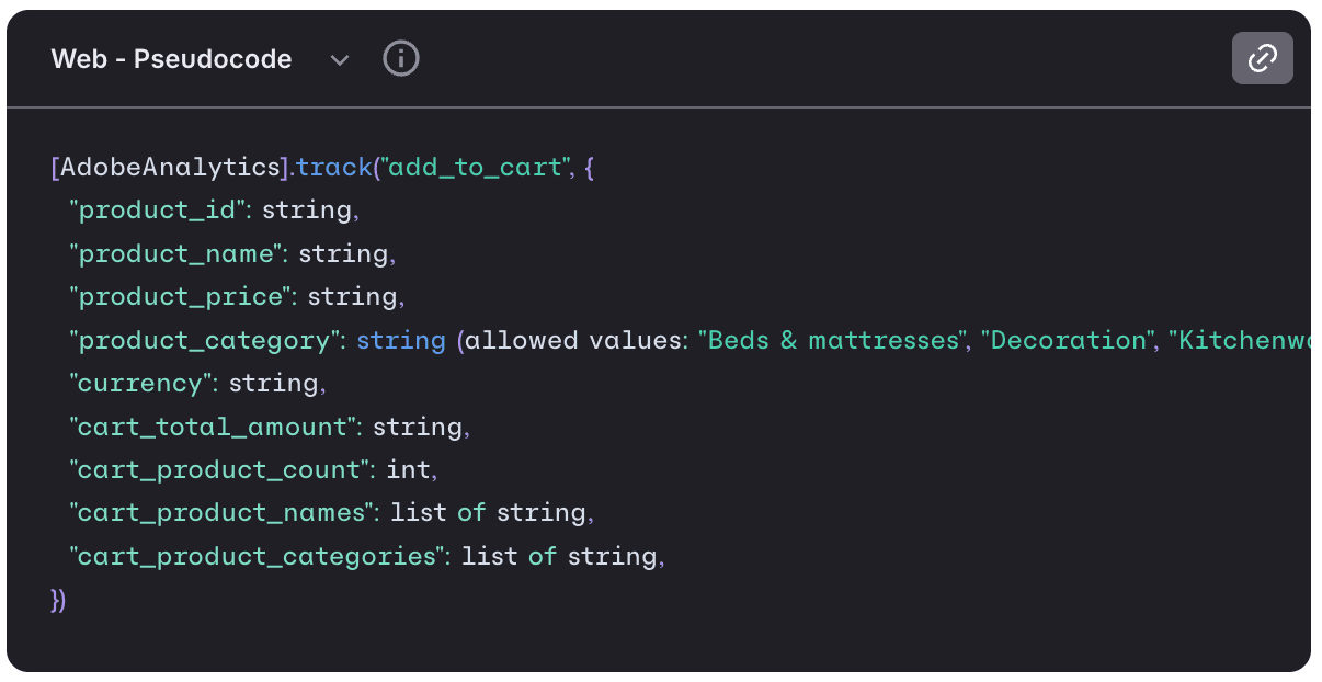 Example of a pseudocode snippet for an event with eVars and props mapped outside of Avo